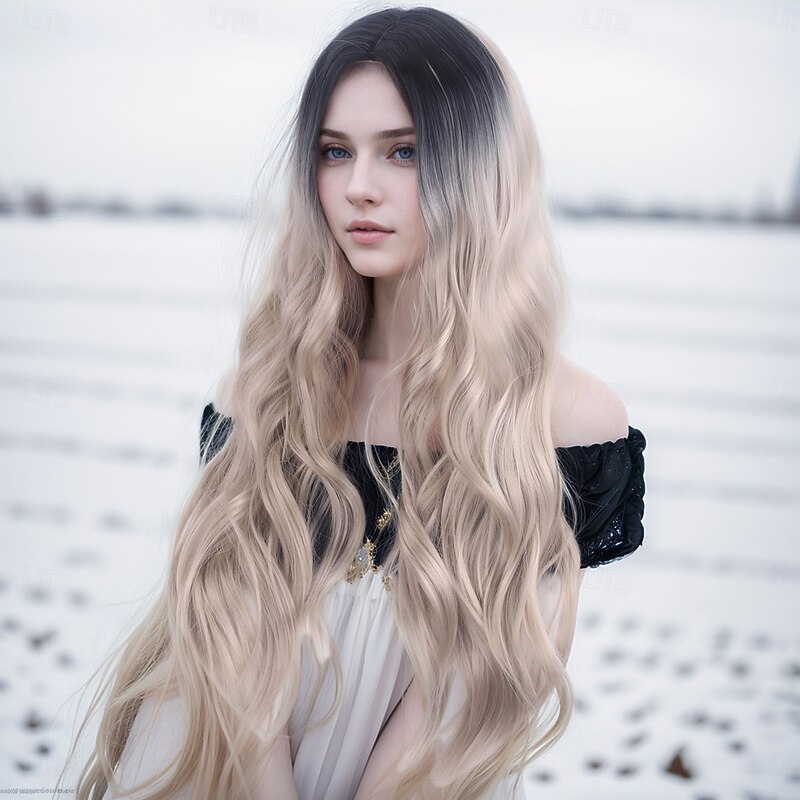 Synthetic Wig Water Wave Curly Weave Layered Haircut With Bangs Machine Made Wig 28 inch A1 Synthetic Hair Women's Classic Comfortable Color Gradient Dark Gray Multi-color3