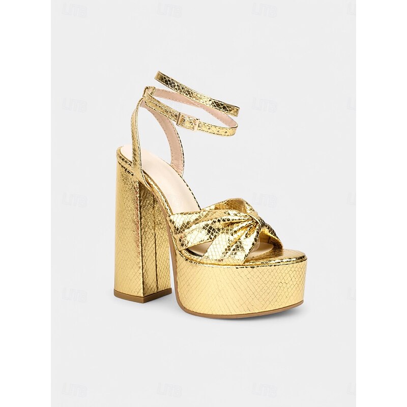 Women's 1980s Gold Platform Block Heel Sandals – Shiny Snakeskin Strappy High Heels for Parties, Clubwear, and Evening Events3