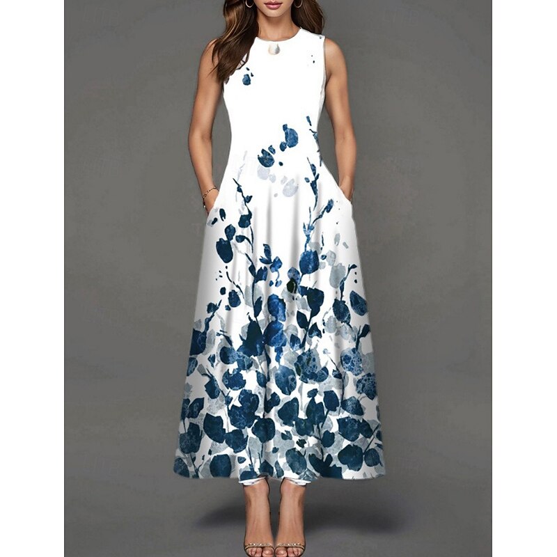 Women's Maxi Dress Casual Dress A Line Dress Stylish Casual Vacation Daily Regular Fit Floral Sleeveless Crew Neck Black White Yellow Light Green Summer2