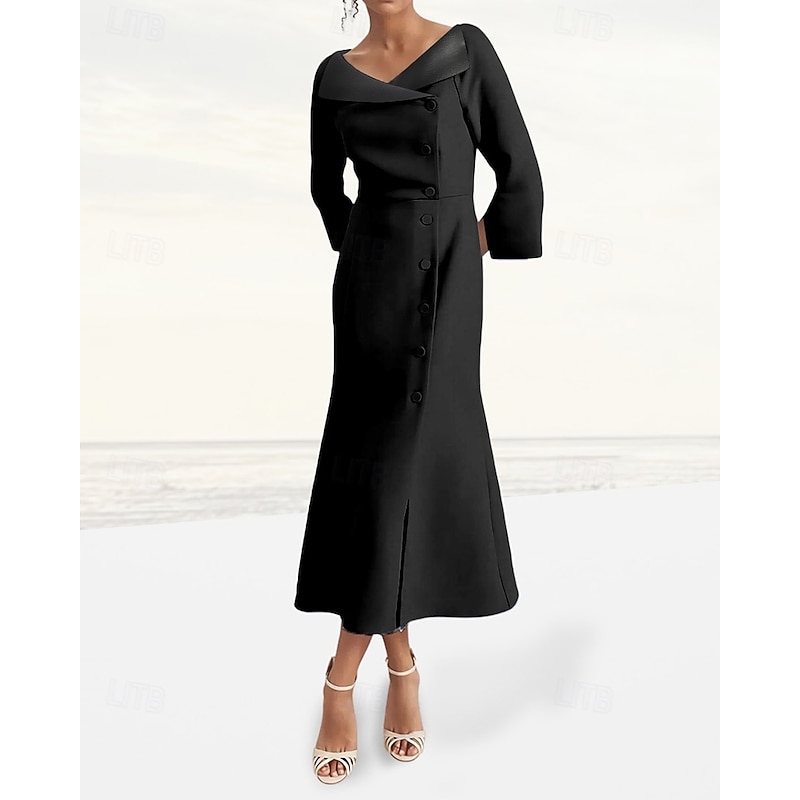 Tuxedo Dress Portrait Collar Mermaid / Trumpet Formal Satin Crepe Elegant Simple 3/4 Sleeve Pleated Tea Length V Neck4