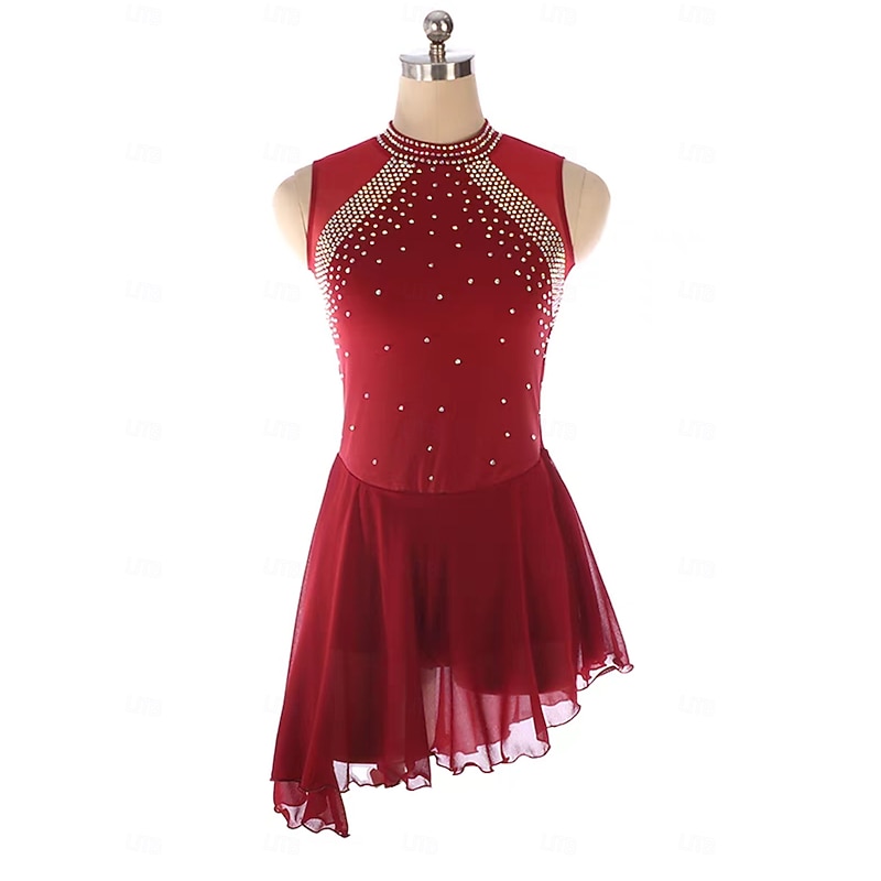 Figure Skating Dress Women's Girls' Ice Skating Dress Patchwork Open Back Mesh Spandex Stretchy Training Practice Professional Skating Wear Thermal Warm Crystal / Rhinestone Sleeveless Ice Skating