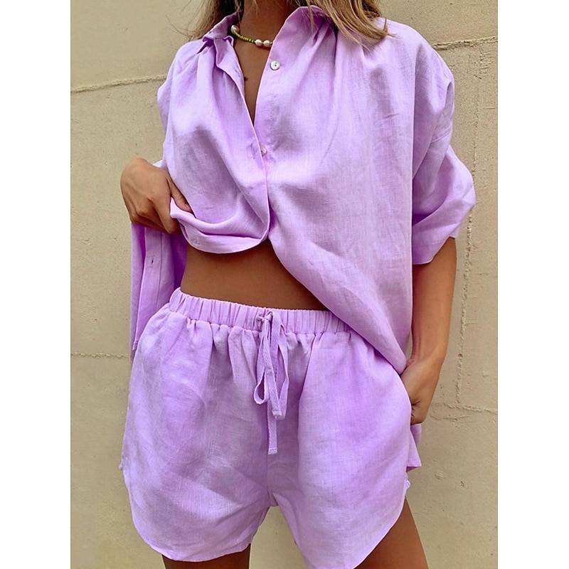 Women's Pajamas Loungewear Pajama Set Simple Casual Comfort Pure Color Buttons Shirt Cardigan Shorts Home Gift Daily Short Sleeve Lapel Black White Blue Purple Khaki Summer Spring Fall Loose Fit4