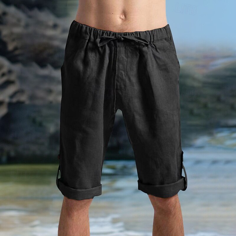 Men's Shorts Linen Shorts Summer Shorts Beach Shorts Pocket Drawstring Elastic Waist Plain Comfort Breathable Knee Length Outdoor Daily Holiday Fashion Hawaiian Black Khaki3