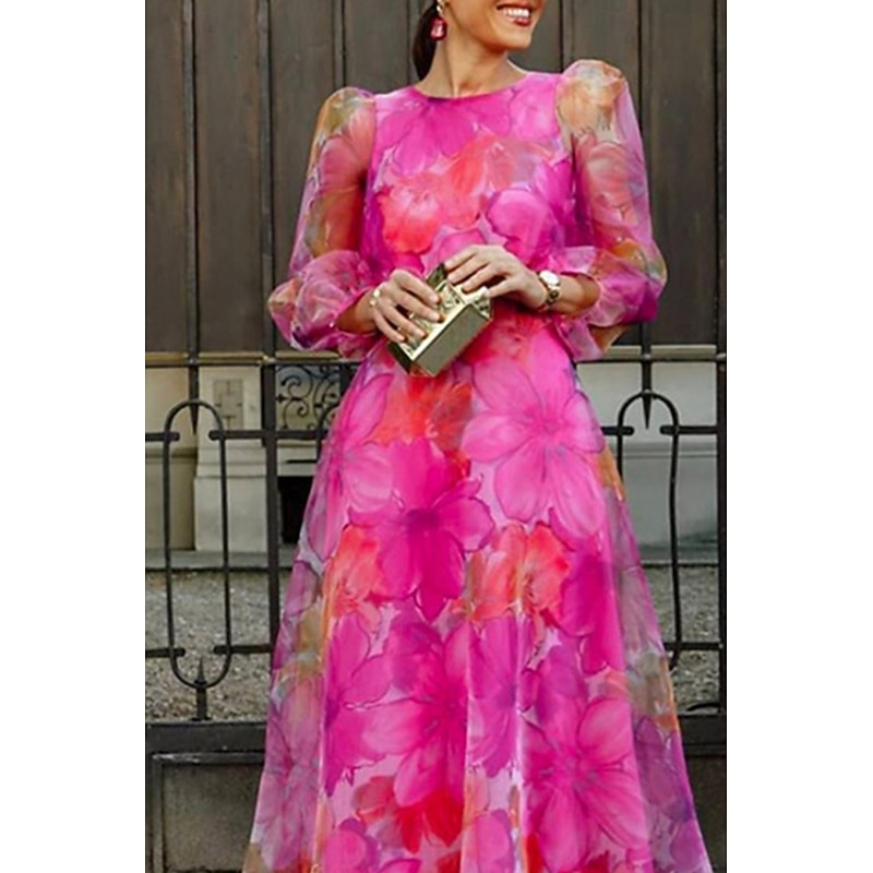 Women's Midi Dress Floral Dress Print Dress Fashion Classic Modern Puff Sleeve Vacation Going out Weekend Regular Fit Flower Long Sleeve Crew Neck Blue Rose Red Summer4