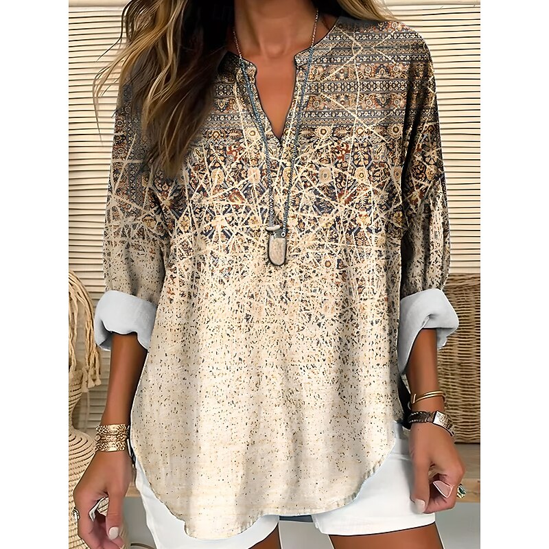 Women's Blouse Tunic V Neck Long Sleeve Boho Casual Tops Graphic Paisley Vintage Tropical Regular Tops Daily Wear Print Blue Khaki