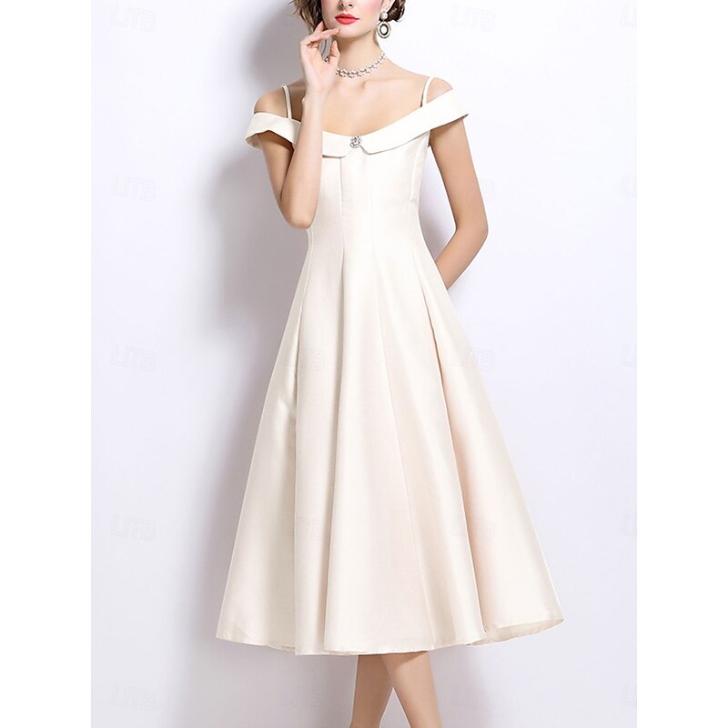 A-Line Party Dresses Elegant Dress Wedding Wedding Guest Tea Length Sleeveless Off Shoulder Polyester Backless with Pleats4