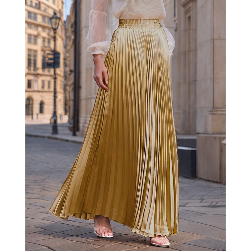 Women's Skirt Long Skirt Fashion Long Maxi High Waist Skirts Solid Colored Ruched Pleated Shimmery Micro-elastic Daily Holiday Silver Peacock Blue Navy Black Spring, Fall, Winter, Summer Polyester