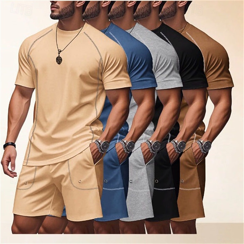Men's Tracksuit T shirt & Shorts Outfit Set Crew Neck Outdoor Daily Sports Pocket Drawstring Plain Black Brown Light Grey Polyester Activewear Streetwear Lightweight Summer