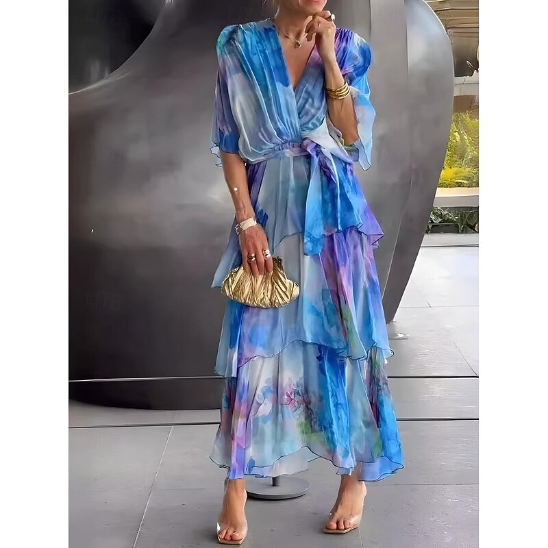 Women's Long Dress Maxi Dress A Line Dress Elegant Formal Date Regular Fit Floral Half Sleeve V Neck Blue Summer - Main Image