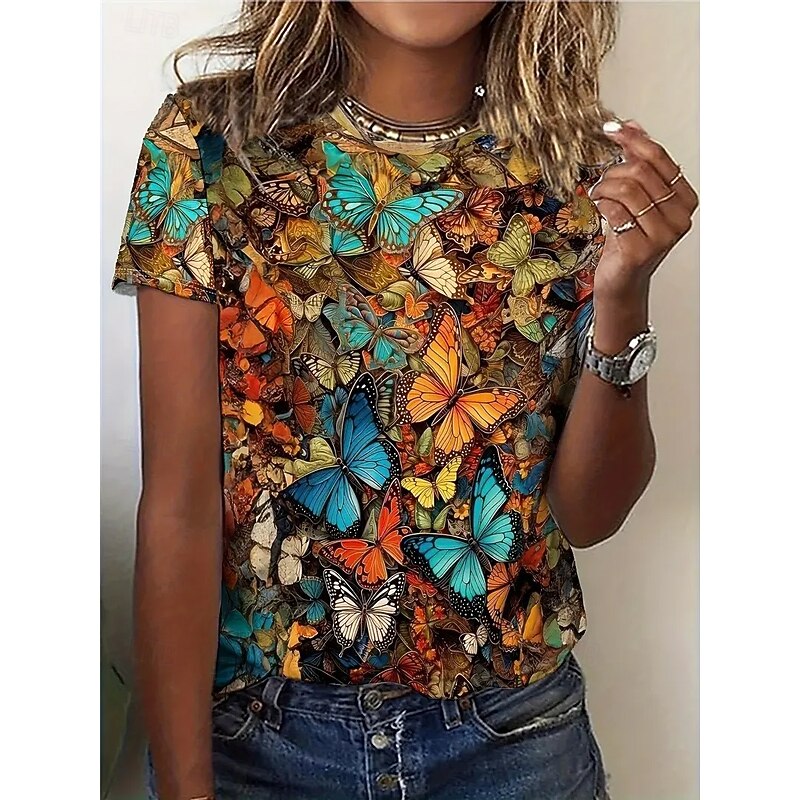 Women's T Shirt Summer Tops Butterfly 3D Classic Casual Short Sleeve Crew Neck Crop Tops Daily Weekend Print Rainbow Summer Spring Fall