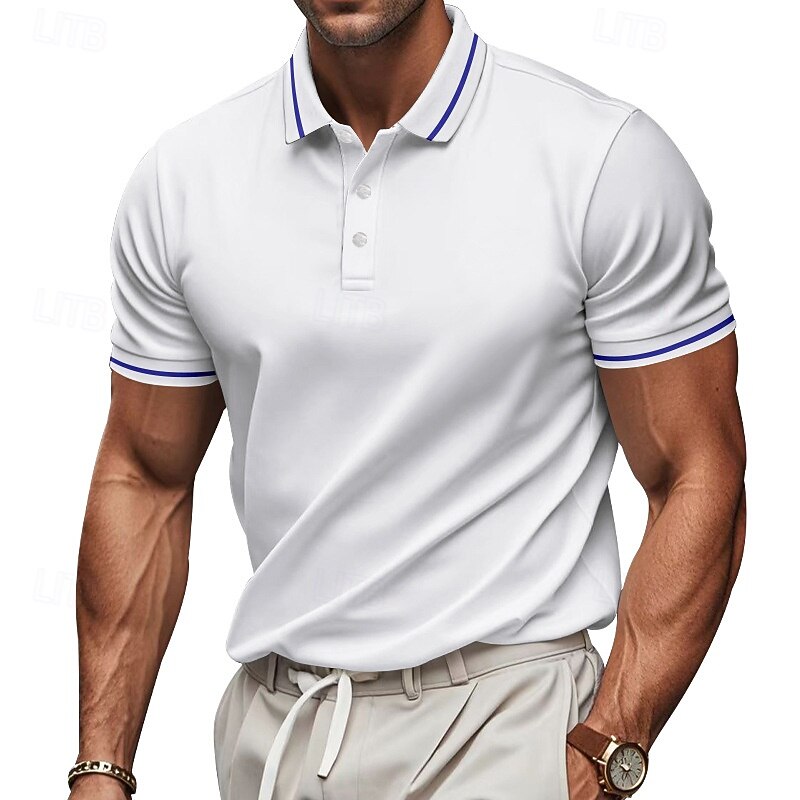 Men's Polo Golf Shirt Business Casual Ribbed Polo Collar Short Sleeve Fashion Basic Solid Color Plain Buttons Summer Spring &  Fall Regular Fit Black White Pink Red Navy Blue Royal Blue Polo2