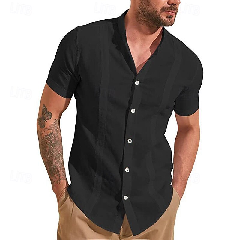 Men's Guayabera Shirt Summer Shirt Casual Shirt Button Up Shirt Black White Dark Navy Green Light Blue Short Sleeve Solid / Plain Color Lapel Vacation Hawaiian Clothing Apparel Polyester Fashion3