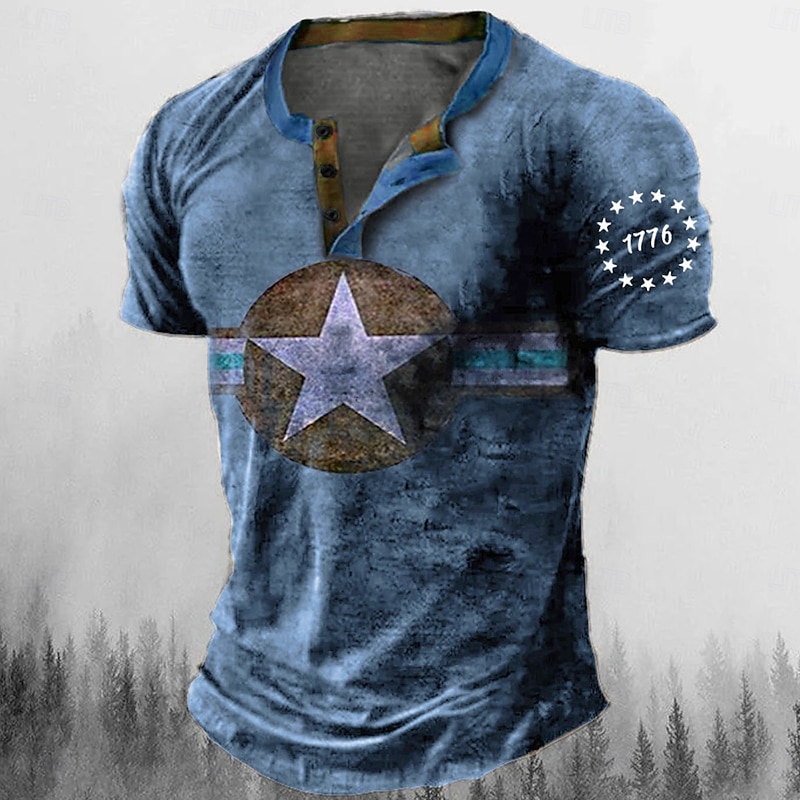 Men's Graphic Star Henley Shirt Tee Short Sleeve 3D Print Fashion Designer Comfortable Outdoor Casual Daily Summer Blue Brown Green Army Green Henley Henley T-Shirt3