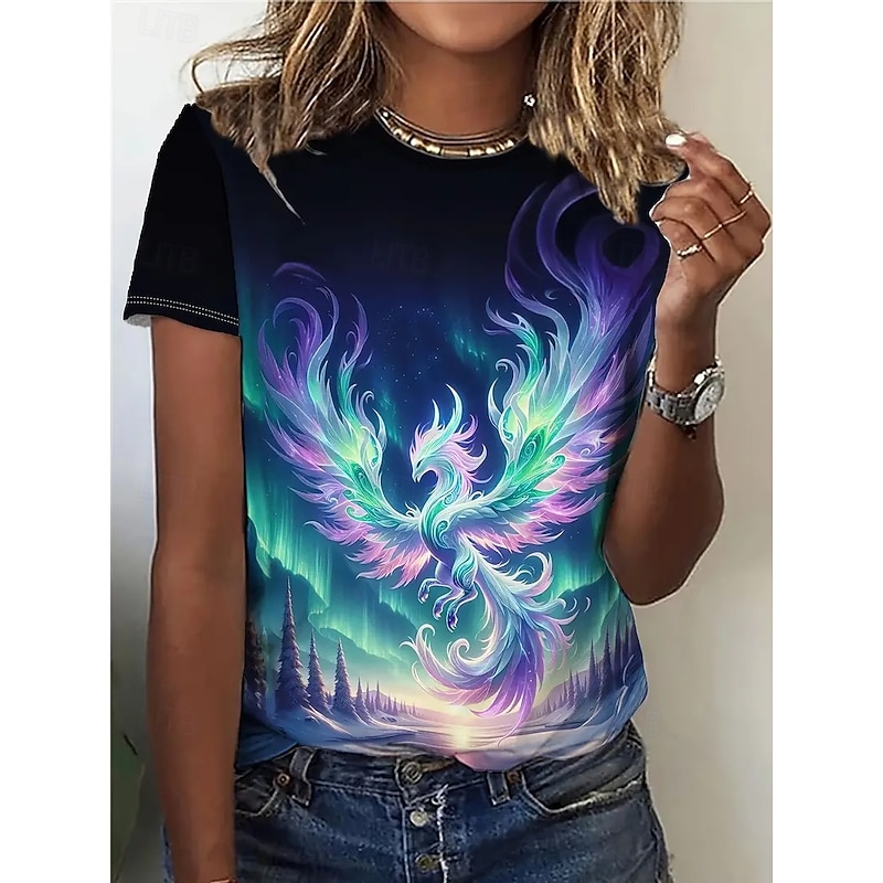 Women's T Shirt Summer Tops Bird Scenery Classic Casual Short Sleeve Crew Neck Crop Tops Daily Weekend Print Rainbow Summer Spring Fall
