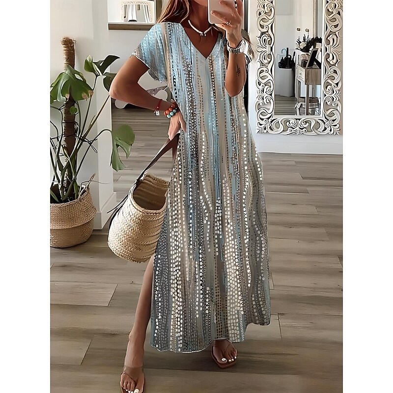 Women's Maxi Dress Sundress A Line Dress Vacation Casual Going out Beach Regular Fit Floral Graphic Short Sleeve V Neck Blue Green Spring Fall2