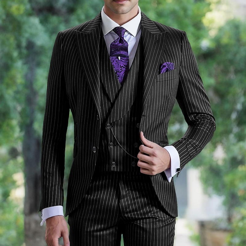Men's Wedding Party Suits Peaked Lapel Black Blue Fashion Formal Striped Standard Fit 3 Piece Single Breasted Two-buttons