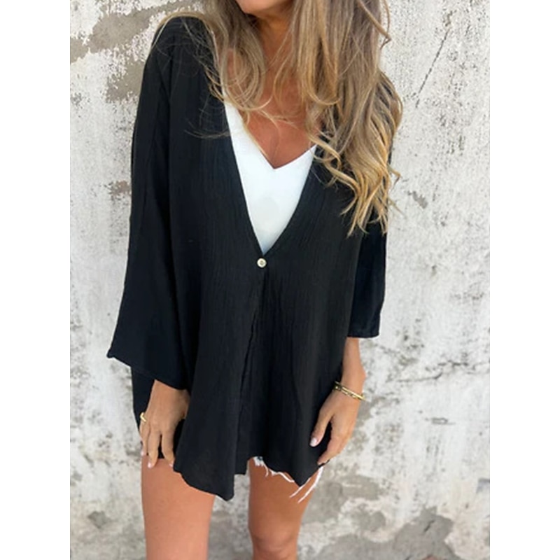 Women's Cotton Linen Blouse Shrugs Solid Color Basic Casual Long Sleeve V Neck Regular Tops Daily Buttons Black Orange Brown Green Dark Gray Summer