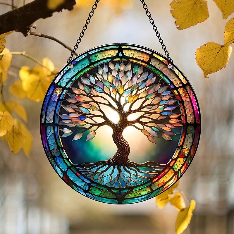 Acrylic Tree of Life Wall Hanging Decor, 5.9 x 5.9 Inch Round 2D Colorful Print Ornament, Creative and Unique Wall Art for Home, Window, Door, Party, and Festive Decoration4