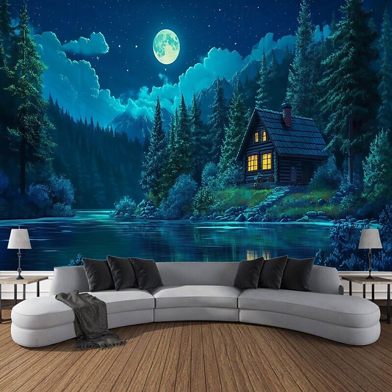 Outdoor House Moon Plant Landscape  Hanging Tapestry Wall Art Large Tapestry Mural Decor Photograph Backdrop Blanket Curtain Home Bedroom Living Room Decoration3