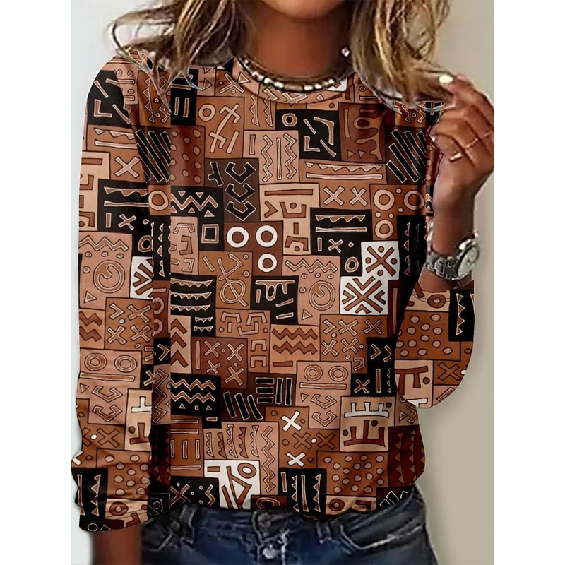 Women's T Shirt Floral Tribal Fashion Modern Long Sleeve Crew Neck Regular Tops Daily Print Orange Brown Gray Summer2