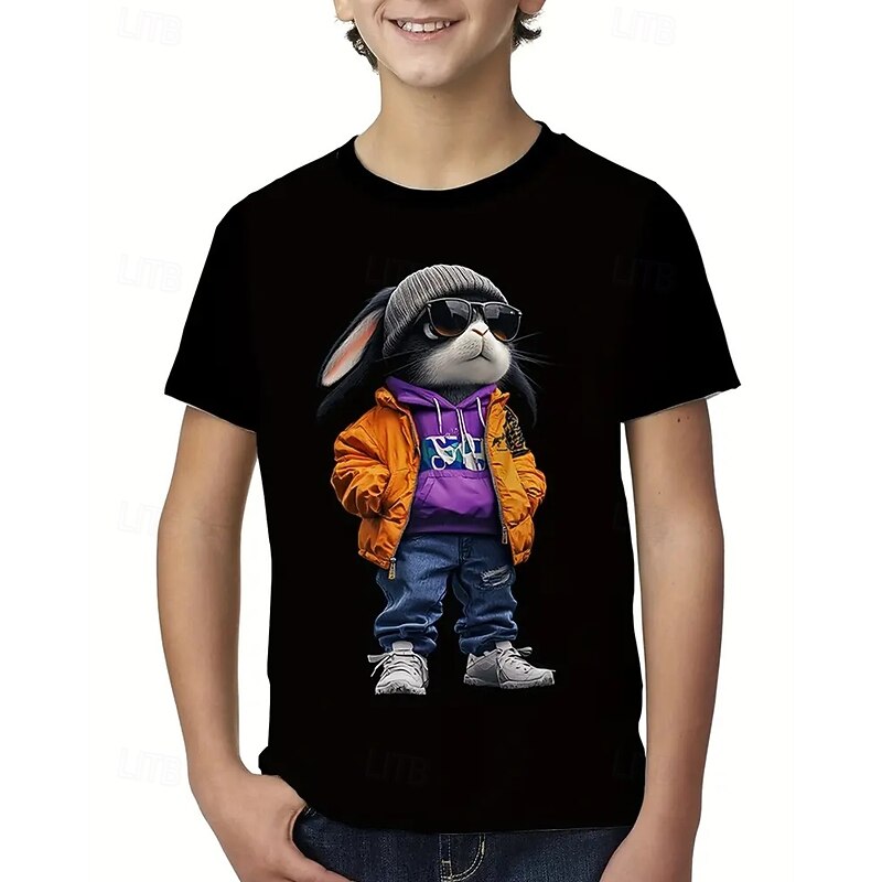 100% Cotton Kids Boys Black Rabbit T shirt Tops Crew Neck Short Sleeve Vacation Casual Daily Wear Fashion Sport Print Summer2