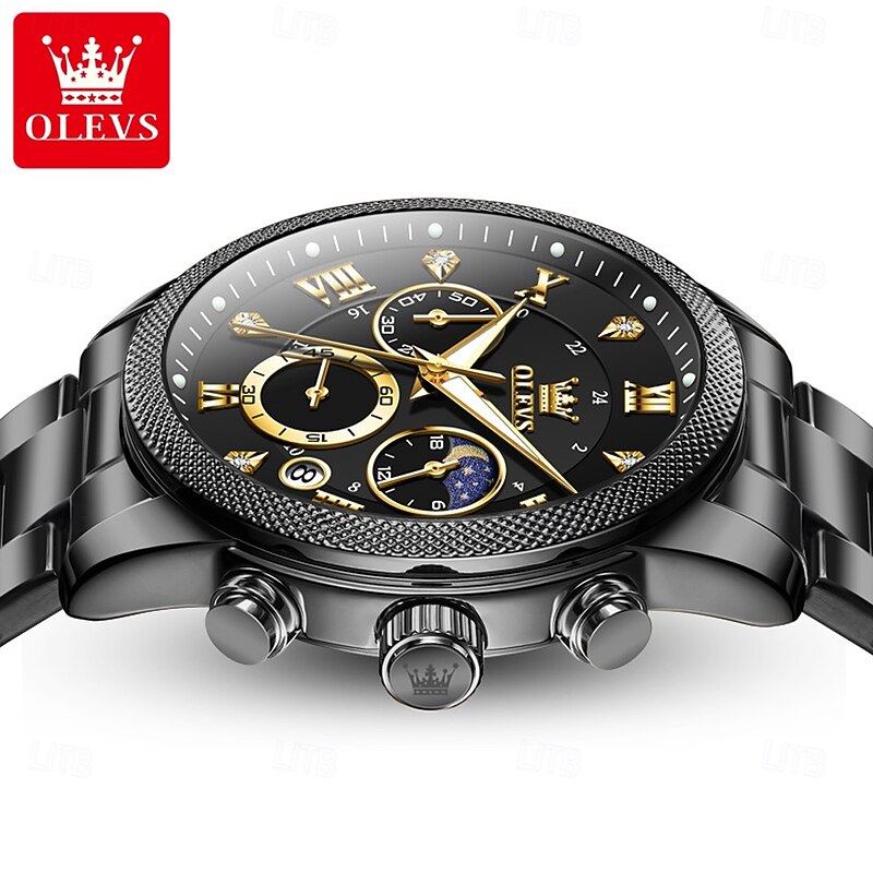 OLEVS 3660 Man Watch Multifunction Black Quartz Watch for Men Waterproof Chronograph Moon Phase Original Men's Wrist Watches2