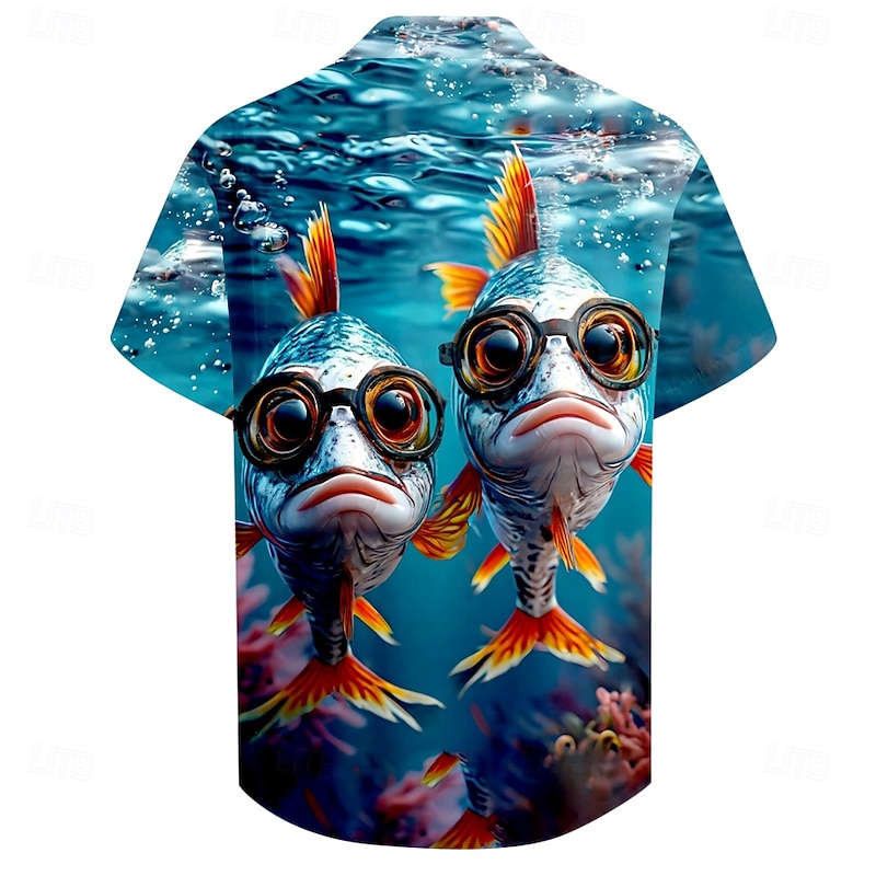 Men's Fish Funny Sea Creatures Shirt Cuban Collar Shirt Summer Hawaiian Shirt Short Sleeve Hawaiian Resort Vacation Holiday Beach Wear Summer Spring Camp Collar Shirt 3D Print Blue2