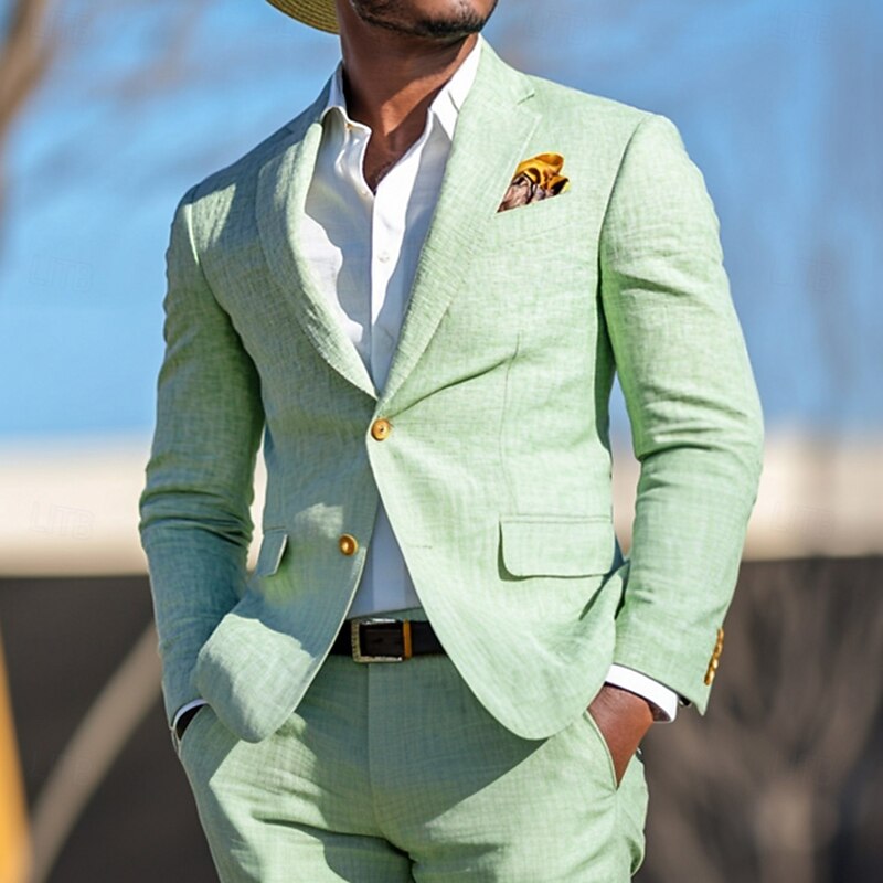 Men's Wedding Party Linen Suits Notch Lapel Sky Blue Sage Fashion Casual Solid Colored Standard Fit 2 Piece Single Breasted Two-buttons