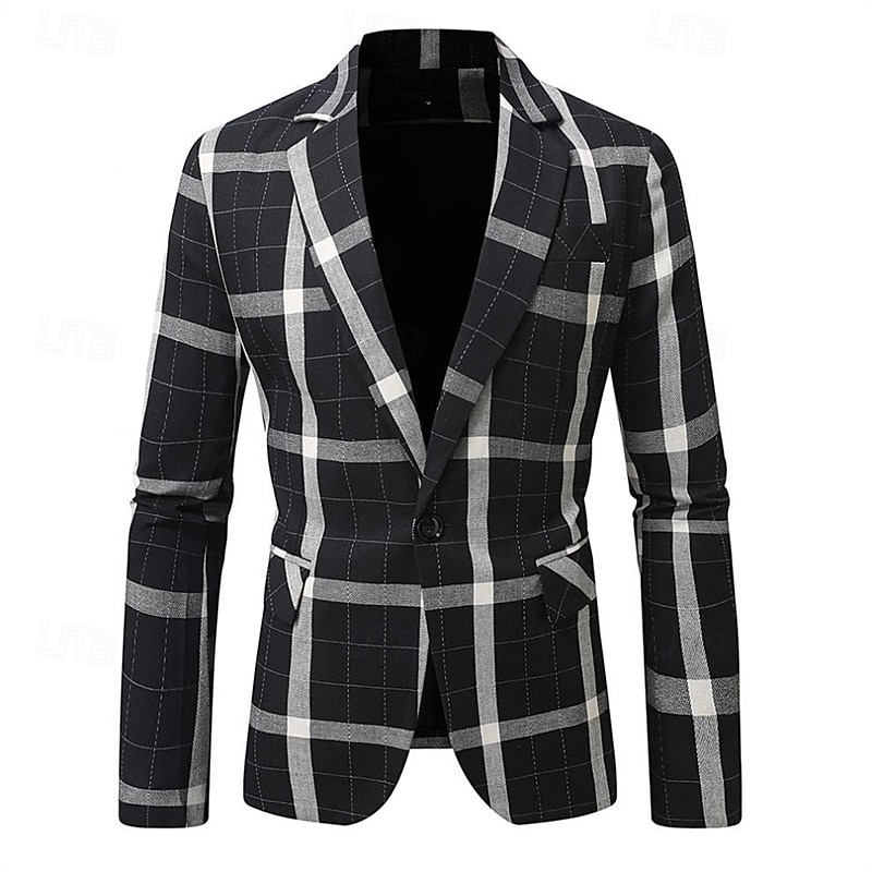 Men's Graduation Blazer Business Cocktail Party Wedding Party Fashion Casual Spring Autumn / Fall Polyester Plaid Pocket Buttons Comfortable Single Breasted Blazer Black Brown Coffee Gray2