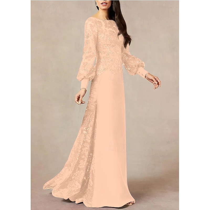 A-Line Mother of the Bride Dress Formal Wedding Guest Elegant Jewel Neck Floor Length Chiffon Sequined Long Sleeve with Sequin2