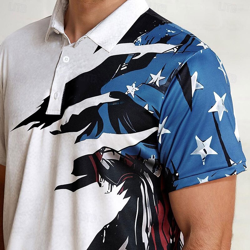 Men's American Flag Veterans Polo Shirts Golf Shirt Short Sleeve Polo Shirts Collared Shirts Casual Streetwear Vacation Wear Party Outfits 3D Print Buttons White & Blue White Navy Blue4