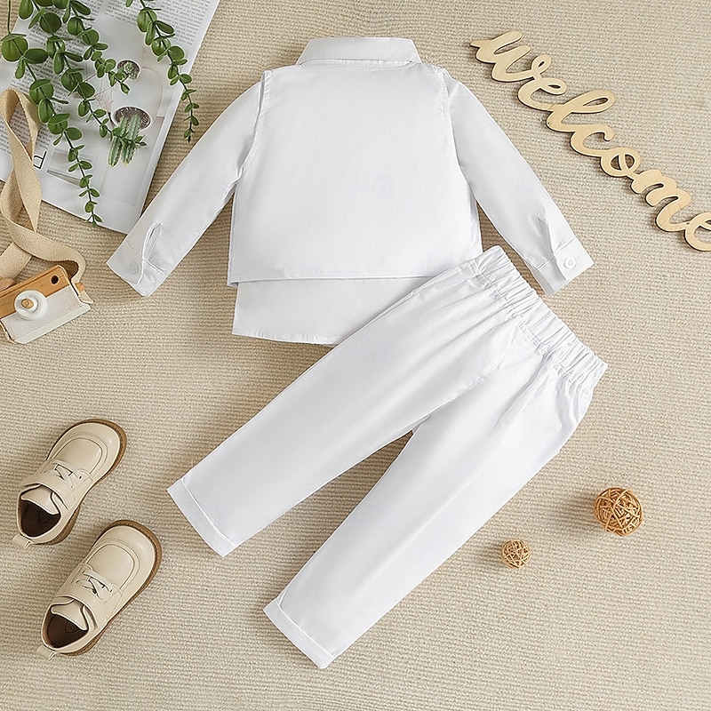 3 Pieces Ring Bearer Suit Boys Kids Toddler Vest & Shirt & Pants School Formal Birthday Basic Gentle Preppy Style Solid Color V Neck White Cotton3