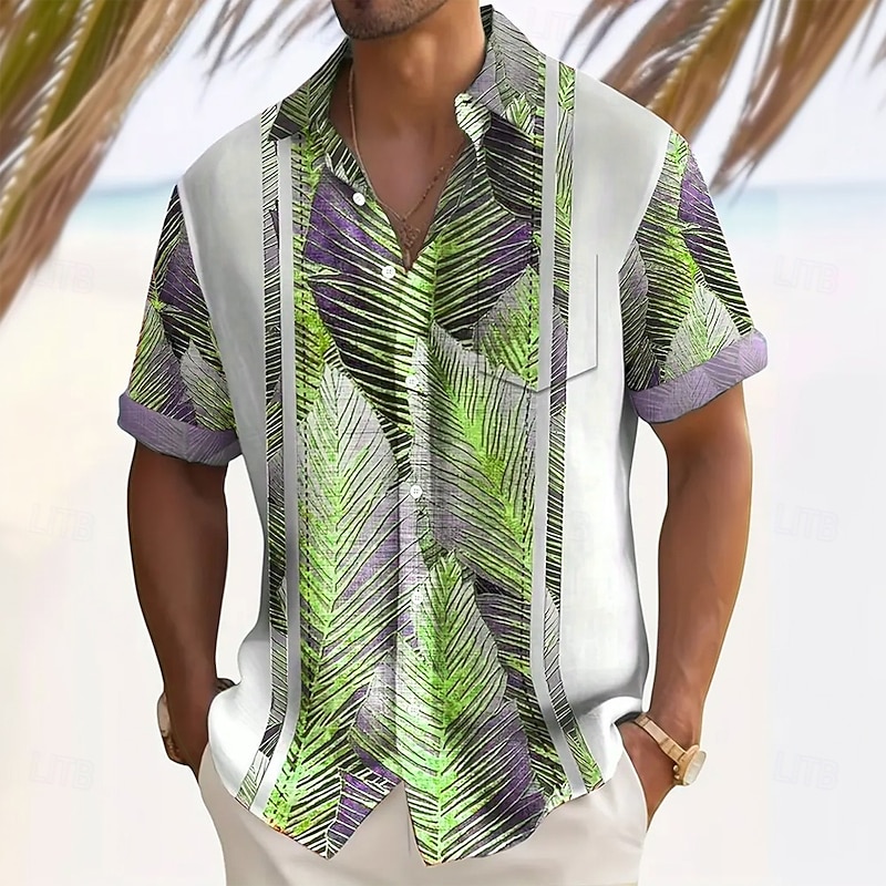 Men's Striped Palm Leaf Tropical Plants Summer Hawaiian Shirt Button Up Shirt Short Sleeve Hawaiian Resort Vacation Holiday Beach Wear Summer Spring Turndown Collared Shirts Front One Pocket White4