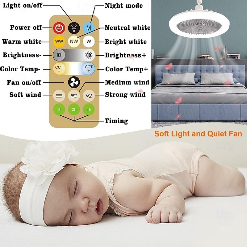 E27 Base Ceiling Fan with Light and Remote Control Ceiling Light with Fan 3 Speeds 3 Light Color Dimming and Timing for Bedroom Living Room Dormitory4