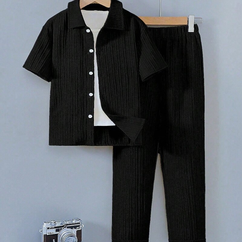 2 Pieces Kids Boys Clothing Set Outfit Solid Color Short Sleeve Set School Fashion Daily Summer 7-13 Years Black3