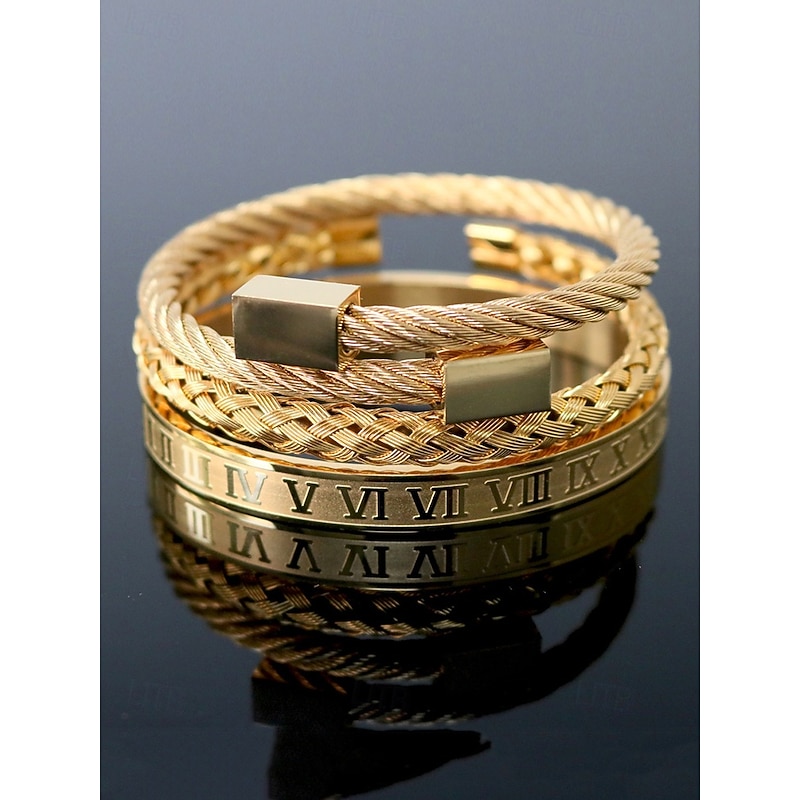 Men's Gold Stainless Steel Bracelet Set – Roman Numeral, Braided, and Cable Wire Cuff Bangles, Stylish Stackable Jewelry for Business, Casual, and Party Wear4