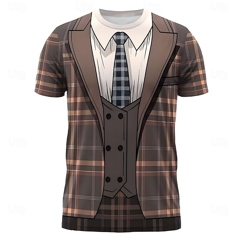 Men's Tuxedo Costume T Shirt Short Sleeve T shirt 3D Print Crew Neck Shirt Exaggerated Designer Party Holiday Club Brown Summer Spring Clothing Apparel S M L XL XXL XXXL