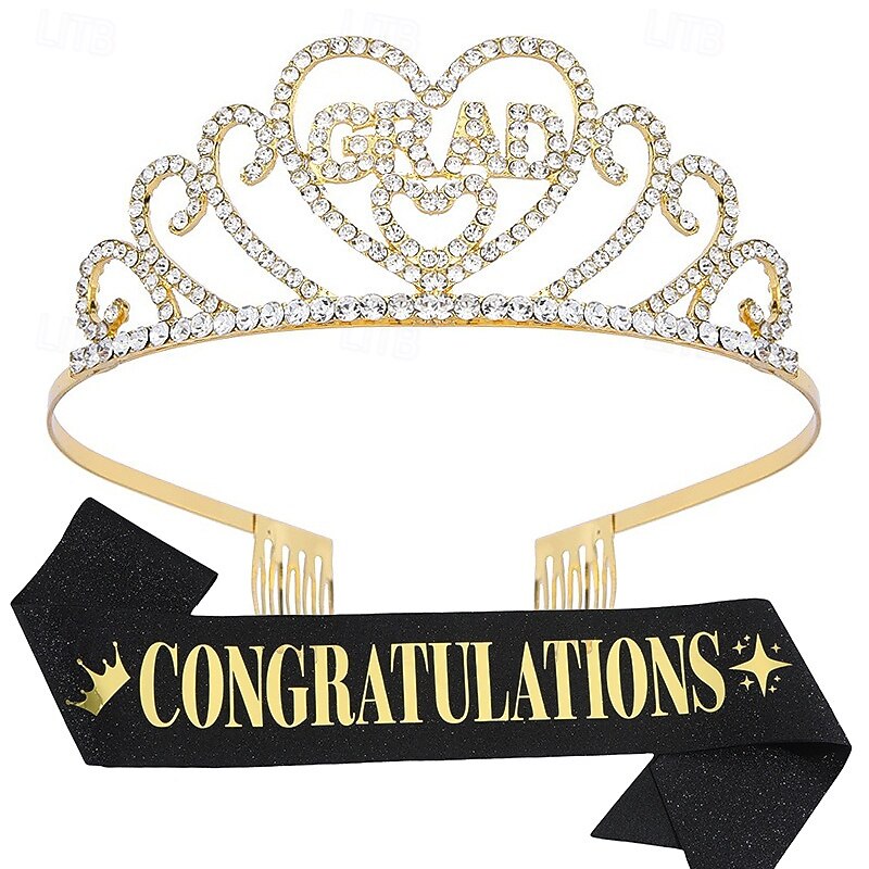 Graduation Crown and Stole Sash Set, Graduation Party Supplies Kit, Congratulations Glittered Fabric Sash, Alloy Headpiece, Tiara and Sash Set for Graduation Celebration