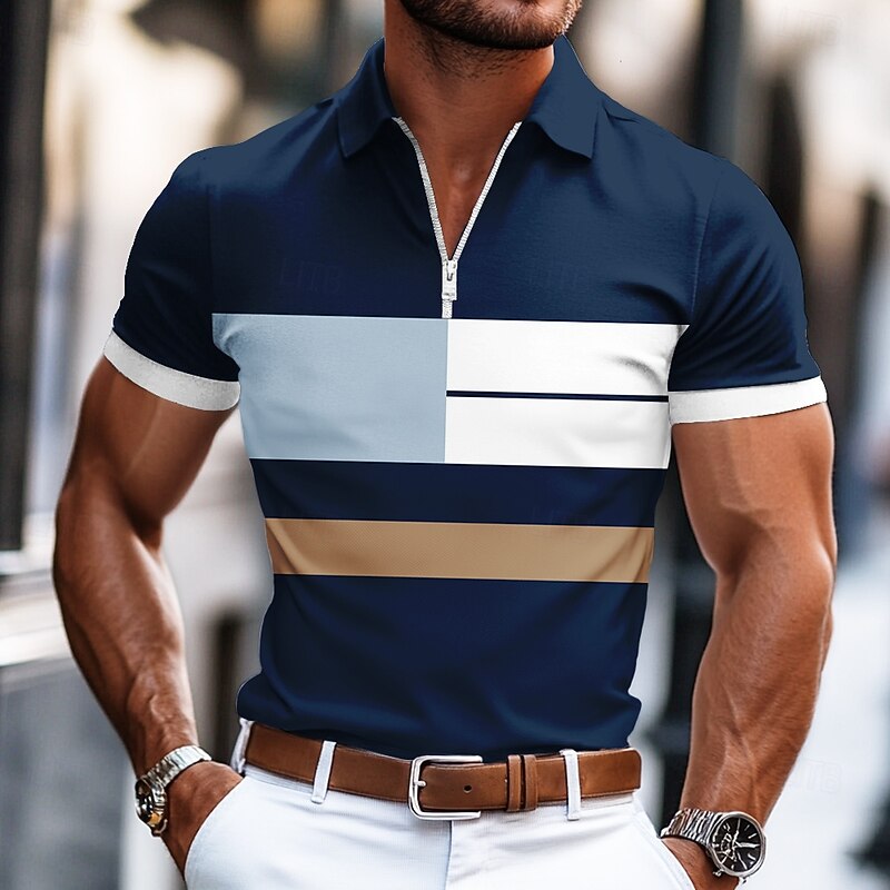 Men's Striped Rugby Polo Short Sleeve Polo Shirts Collared Shirts Business Casual Business Athleisure Wear to work Daily Wear 3D Print Summer Black Blue Gray