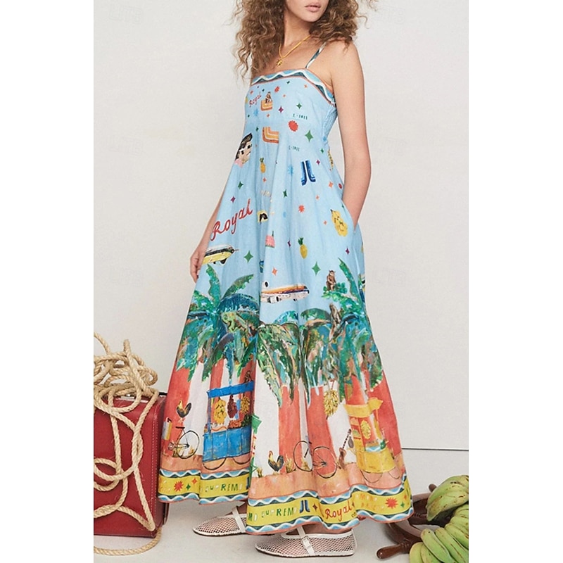 Women's Long Dress Maxi Dress Summer Dress Slip Dress Print Dress Fashion Vacation Holiday Going out Regular Fit Tropical Sleeveless Spaghetti Strap Light Blue Summer2