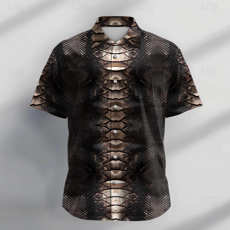 Men's Snake Skin Pattern Shirt Button Up Shirt Short Sleeve Casual Dark Vacation Daily Evening Party Summer Turndown Collared Shirts Buttons Print Black Brown2