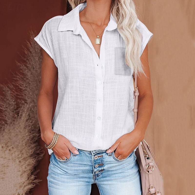 Women's Shirt Cotton Linen Shirts Button Up Blouse Plain Basic Casual Short Sleeve Shirt Collar Regular Tops Daily Holiday Going out Buttons Pocket Grass Green White Green Light Blue Summer