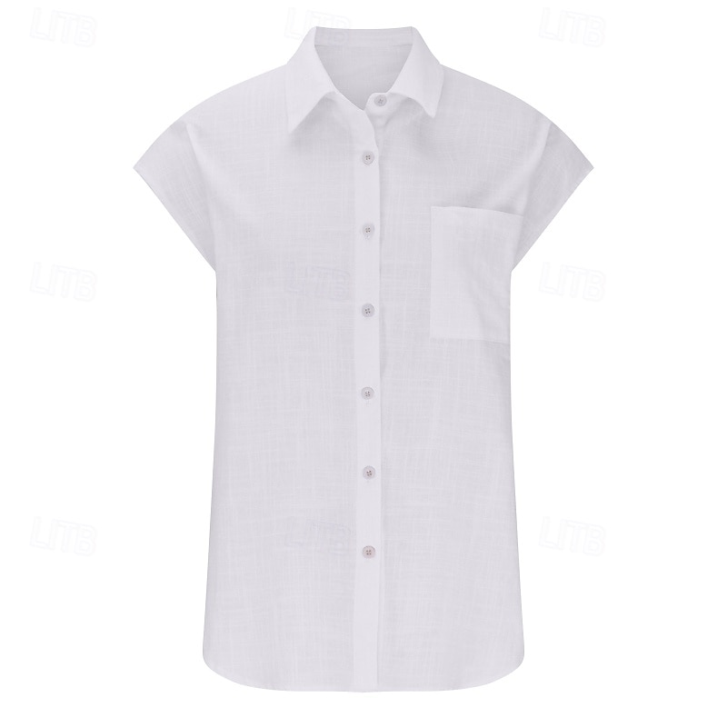 Women's Shirt Cotton Linen Shirts Button Up Blouse Plain Basic Casual Short Sleeve Shirt Collar Regular Tops Daily Holiday Going out Buttons Pocket Grass Green White Green Light Blue Summer4