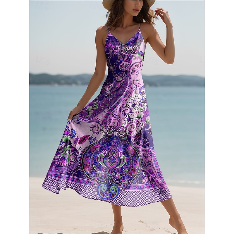 Women's Maxi Dress Casual Dress A Line Dress Vacation Vintage Ethnic Daily Regular Fit Graphic Vintage Bohemian Sleeveless V Neck Pink Blue Purple Green Summer Spring Fall4