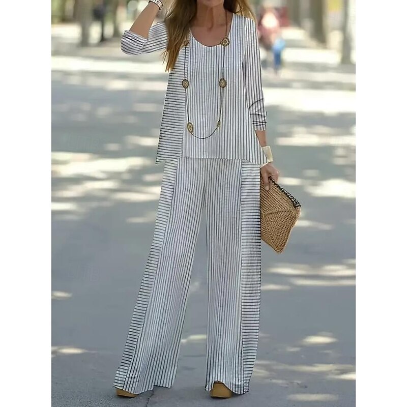 Women's 2 Pieces Basic Neon & Bright Shirt Blouse Linen Like 3/4 Length Sleeve V Neck Striped Print Casual Gray Summer Regular Fit