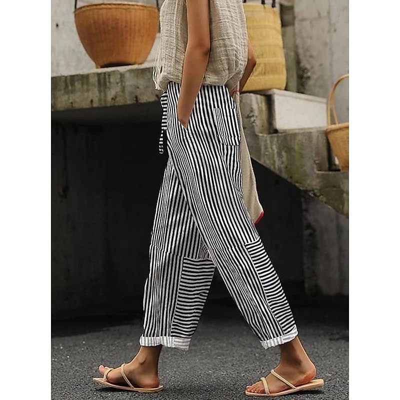 Women's Cotton Linen Pants Baggy Pants Linen Like Vacation Hawaiian coastal grandma style Full Length High Waist Graphic Stripe Striped Printing Thermal Warm Breathable Soft Micro-elastic Causal2