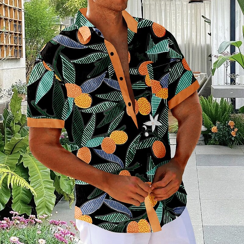 Men's Fruit Plants Tropical Shirt Summer Hawaiian Shirt Button Up Shirt Short Sleeve Hawaiian Vacation Holiday Beach Wear Summer Turndown 3D Print Front One Pocket Linen Like Shirt Black White2