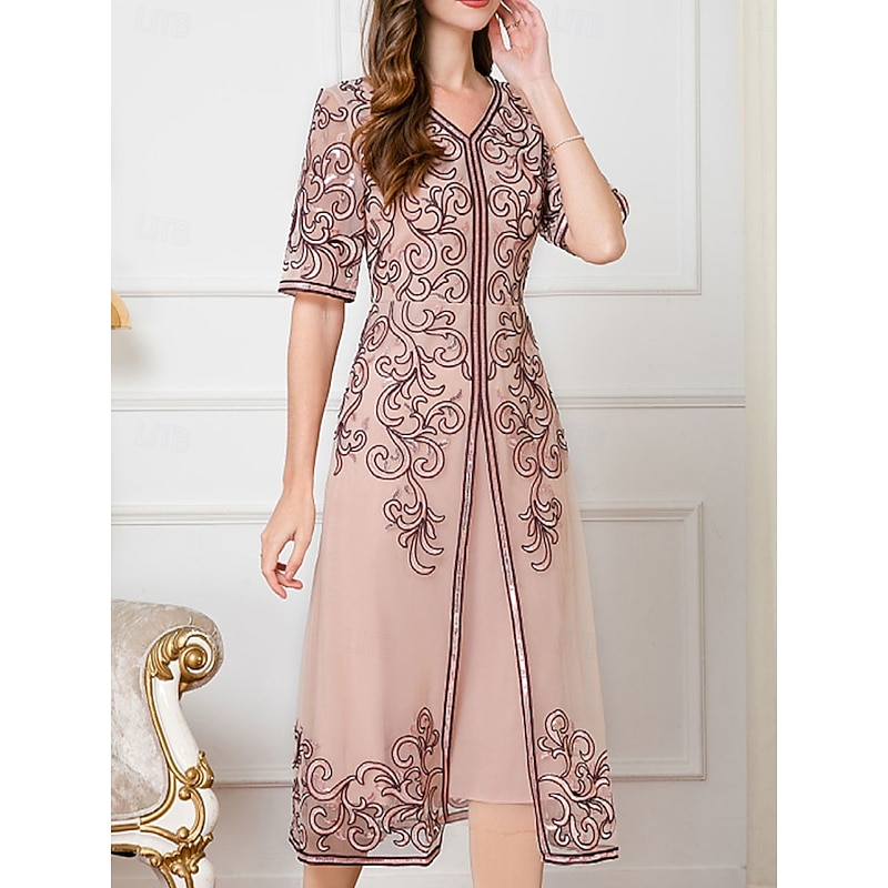 Dress Mother of the Bride Dress Wedding Guest Elegant Chinese Style V Neck Knee Length Polyester Cotton Blend Half Sleeve with Embroidery3