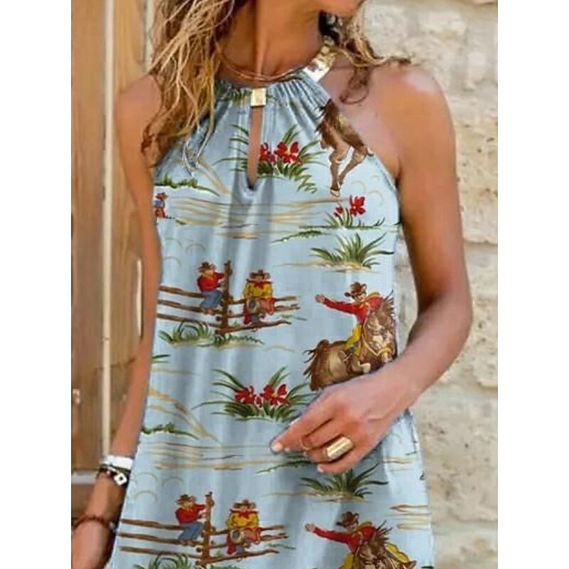 Women's Mini Dress Summer Dress Halter Dress Casual Boho Daily Regular Fit Graphic Sleeveless Crew Neck Blue Summer2
