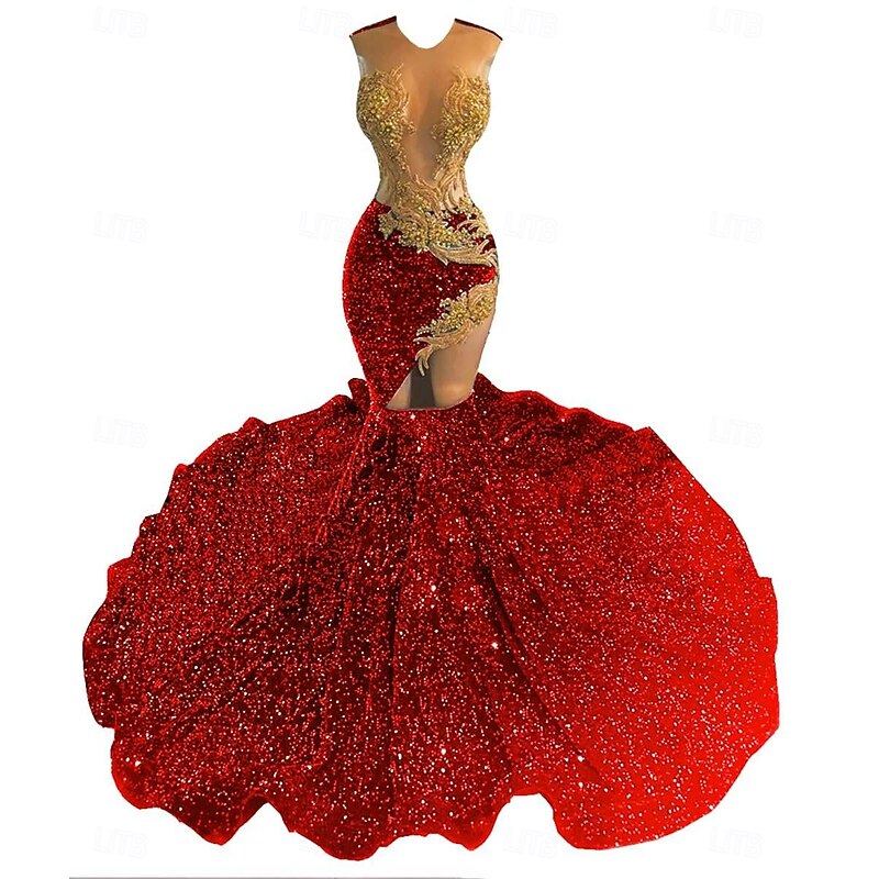 Mermaid / Trumpet Evening Gown Elegant Dress Evening Party Prom Sweep / Brush Train Sleeveless Illusion Neck Cotton with Rhinestone Glitter Sequin4